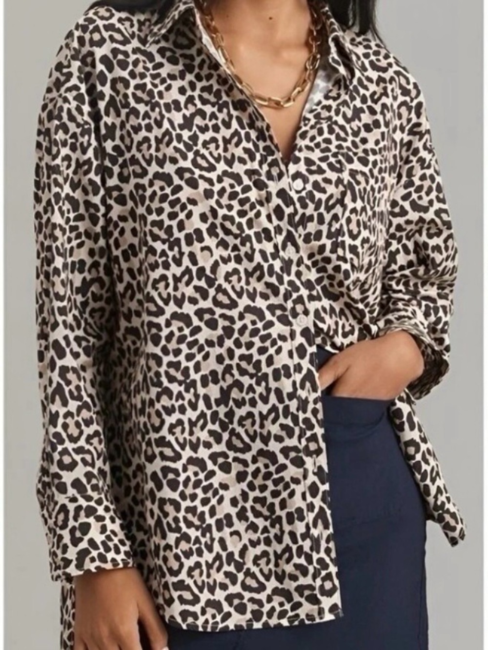 Maeve Anthropologie Bennet Leopard Print Button Down Shirt XL Cotton High Low